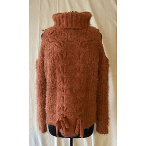 Miss Me Womens Sweater Size Large Shoulder CutOut Orange Fuzzy Chunky Turtleneck